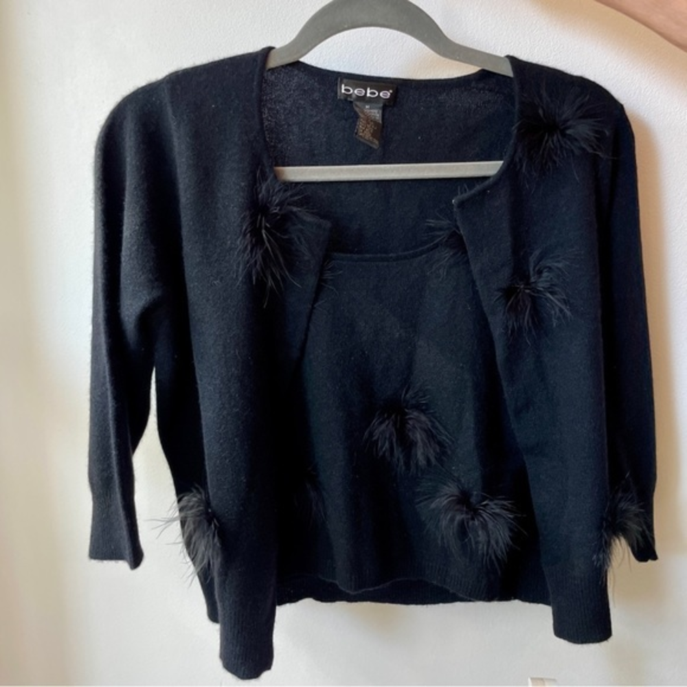 BEBE Black 100% Cashmere Cardigan and Tank Set with Feather Accents Size M